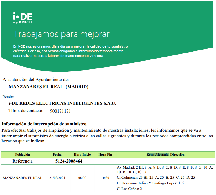 Iberdrola informa de cortes de luz por trabajos de ampliación y mantenimiento el próximo 21 de agosto